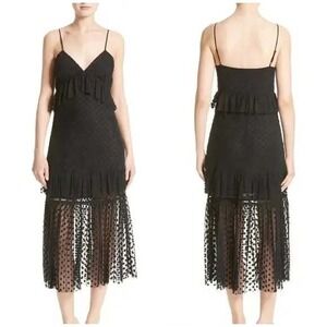 Robert Rodriguez Polka Dot Ruffle Sheer Mesh Tiered Slip Midi Dress Black 6